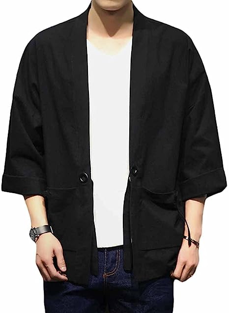 PRIJOUHE Men's Kimono Jackets Cardigan Casual Cotton Blends Linen Seven Sleeve Open Front Embroidery Coat