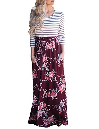 MEROKEETY Women's Striped Floral Print 3/4 Sleeve Tie Waist Maxi Dress with Pockets