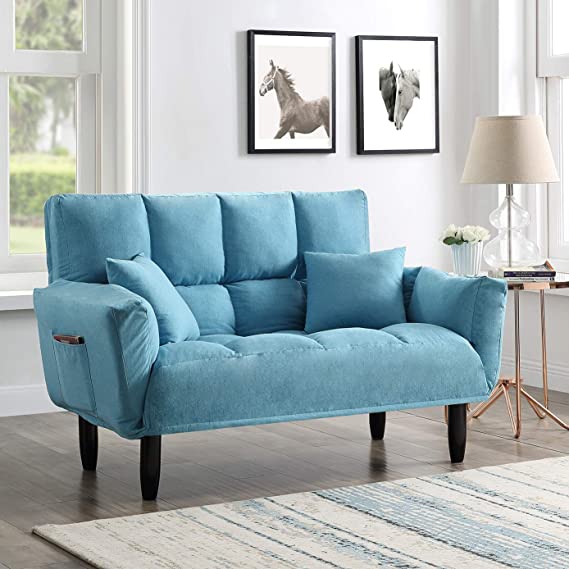Danxee 55" Living Room Sleeper Futon with 2 Pillows Loveseat Sleeper with Memory Foam Mattress Coil Futon Sofa Bed Couch with Mid Century Modern Design for Home Furniture (Blue)