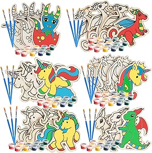 SCS Direct Kids Party Wood Painting Craft Kits (20ct) -Unicorns & Dragons- Each Kit Has its Own Brush, Paint, & Figure- Unique Birthday Party Activity, Favors or Classroom School Activity Gift