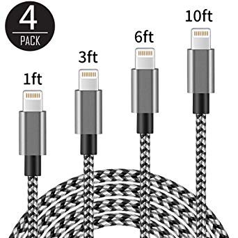 ivvo Lightning Cable 4 Pack 1FT 3FT 6FT 10FT Durable Nylon Braided Cord Lightning to USB Cable Charger for Apple iPhone 7/7 Plus/6/6s/6Plus/6s Plus/5/5c/5s/SE,iPad iPod Nano iPod Touch(Black)