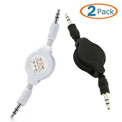 HTTX Auxiliary Retractable 3.5mm Male to Male Stereo Audio Extension Cable Cord (1 Black, 1 White)