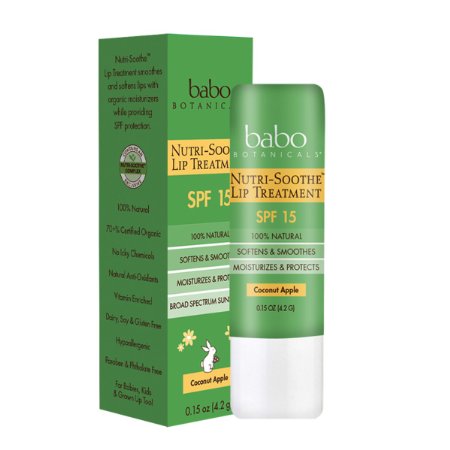 Babo Botanicals Nutri-Soothe Natural Lip Treatment Balm SPF 15 Sunscreen, 0.15 Ounce; Smoothes and Softens; Moisturizes and Protects with Organic Ingredients; Coconut Apple Flavor