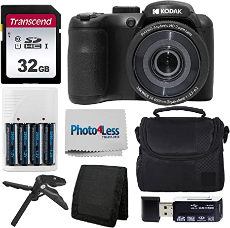 Kodak PIXPRO AZ255 Digital Camera Kit (Black)   Point & Shoot Camera Case   32GB SD Memory Card   Rechargeable Batteries & Charger   USB Card Reader   Table Tripod   Accessories