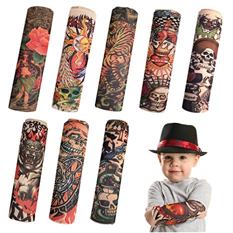 8 PCS Tattoo Sleeve for Kids, Arts Fake Slip on Arm Sunscreen Sleeves,UV Sun Protection Cooling Arm Sleeves for Kid Child Baby