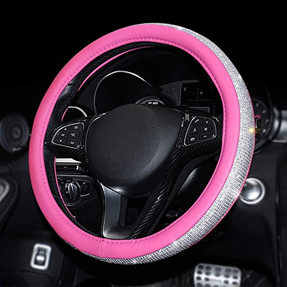 ZHOL Diamond Leather Steering Wheel Cover with Bling Bling Crystal Rhinestones, Universal Fit 15 Inch Anti-Slip Wheel Protector,Pink