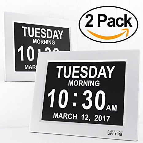 [2 PACK - Newest Version] Day Clock - Extra Large Impaired Vision Digital Clock with Battery Backup & 5 Alarm Options (2 Pack)