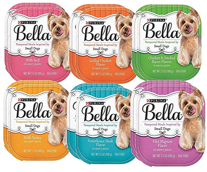 Bella Purina Small Dog Food 6 Flavor 12 Can Bundle: (2) Beef, (2) Grilled Chicken, (2) Turkey, (2) Porterhouse Steak, (2) Filet Mignon, (2) Chicken & Smoked Bacon, 3.5 Oz. Ea.