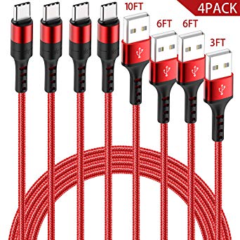 HaoKande 4Pack(10ft 6ft 6ft 3ft) USB Type C Nylon Braided Long Cable Fast Charger Compatible for Samsung Galaxy S10 9 8 Plus Note 9 8,LG G7 6 5 V20 30,Nintendo Switch,GoPro Hero7 (Dark red)