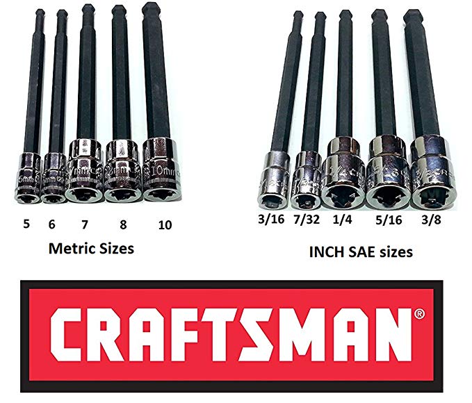 Craftsman 10 Pc 1/4 & 3/8" Sae & Mm Long Arm Ball-End Hex Key Bit Allen Set