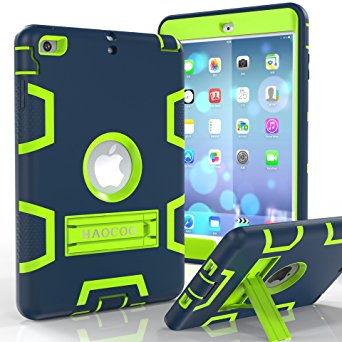 iPad Mini 1/2/3 Case, HAOCOO [Youth Series] [Hot Fashion Colors] Three Layer Armor Defender Shockproof Rugged Hybrid Kickstand iPad Mini Protective Case (Navy Blue with Lime Green )