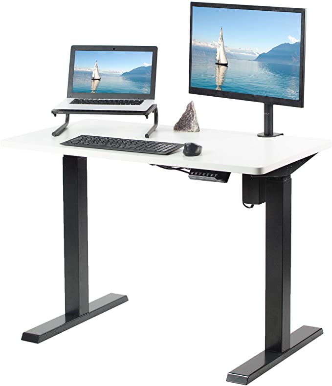 VIVO Electric 43 x 24 inch Stand Up Desk | White Table Top, Black Frame, Height Adjustable Standing Workstation with Push Button Controller (DESK-KIT-E5B4W)