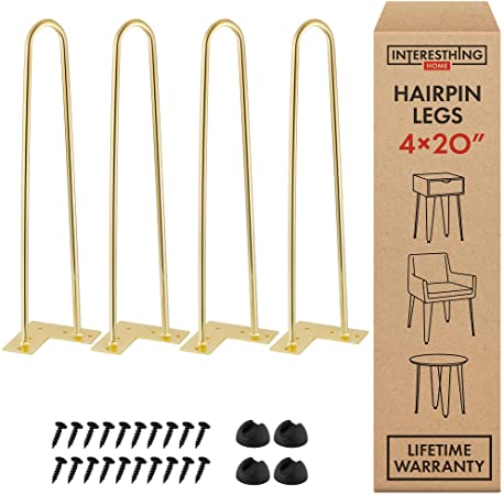 Interesthing Home Heavy Duty Metal Coffee Table Legs with Screws and Hairpin Leg Protector, 20 Inches, Gold, 4 Piece Set