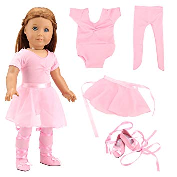 BARWA 18 Inch Doll Clothes Ballet Ballerina Outfits Dance Dress Custume Compatible with 18 Inch Dolls - 4 PCS Pink Leotard with Tutu Skirt, Tights and Ballet Shoes