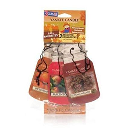 Yankee Candle FALL FAVORITES Paper Car Jar Air Fresheners ; Autumn Wreath, Macintosh, and Spiced Pumpkin. - Set of THREE Car Jars