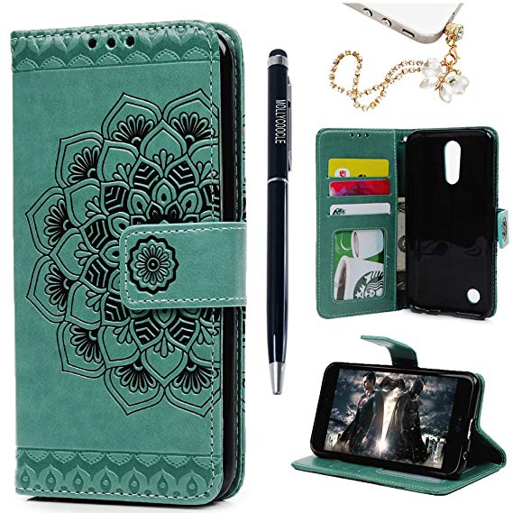 LG K20 Plus Case, LG K20 V Case,LG K10 (2017 release) case,LG Grace LTE case Wallet Case Embossed Half Mandala Flower Pattern Premium PU Leather Soft TPU Inner Bumper Cover by MOLLYCOOCLE,Mint Green