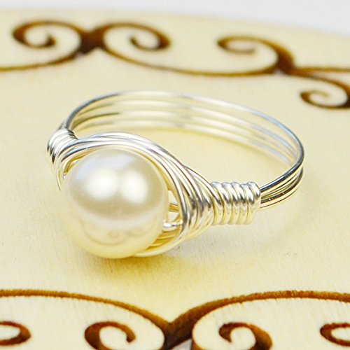 Cream Swarovski Crystal Pearl Bead and Sterling Silver Wire Wrapped Ring- Custom made to size 4 -14