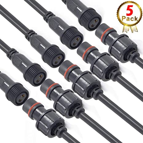 YETOR Waterproof Connectors 2 Wire, 16AWG Male Female Plug LED Connector with 2Pin Waterproof Connectors,IP65 20CM Extension Cable for Car, Truck, Boat,Indoor/Outdoor LED Strip Lights,(5Pairs)