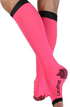 Lace Poet Knee-High Yoga/Sleep Compression Toeless Socks Neon Pink/Black