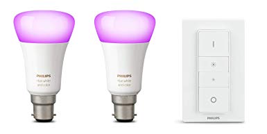 Philips Hue White and Colour Ambience Personal Wireless Lighting 2 x 9.5 W B22 Bayonet Cap LED Twin Pack Light Bulbs, Apple HomeKit Enabled, Works with Alexa with Hue Smart Wireless Dimmer Switch