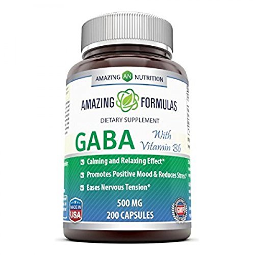 Amazing Nutrition GABA (Gamma Aminobutyric Acid) with Vitamin B6 500mg 200 Capsules - Natural Calming Effect - With Vitamin B-6 Promotes Relaxation - Eases Nervous Tension*
