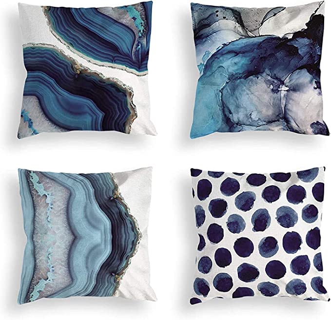 Blue Throw Pillow Covers Set of 4,18 x 18 Inch Navy Blue Marble Dots Sea Texture Cotton Linen Cushion Home Decorative Pillow Case for Sofa Car Bedroom