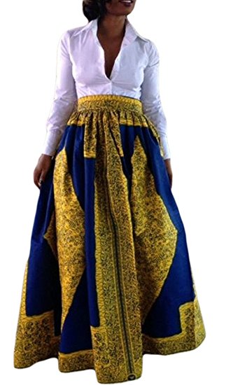 Annflat Women's African Floral Print Maxi Skirts A Line Long Skirts With Pocket(S-2XL)