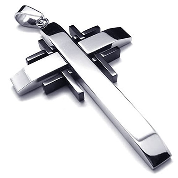 KONOV Black Silver Stainless Steel Cross Mens Womens Necklace Pendant 24 inches Chain