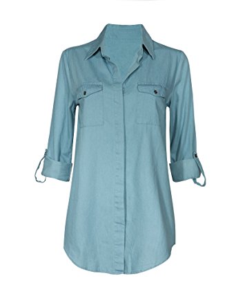Women's Button Down Roll Up Sleeve Classic Denim Shirt Tops