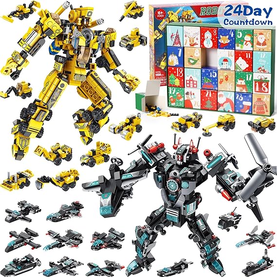 Qinline Kids Advent Calendar 2023 for Boys, 24 Days Christmas STEM Robot Building Blocks Countdown Calendar Gifts Box with 25-in-1 Construction Engineering Vehicle Bricks Toy Sets for Kid Teen Age 6