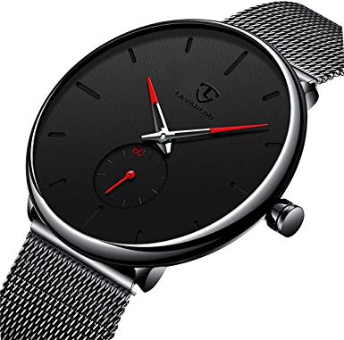 Watch Mens Black Casual Simple Minimalist Ultra Thin Fashion Business Dress Waterproof Quartz Watch with Stainless Steel Mesh Band with Genuine Leather Band