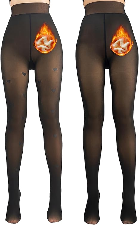 Delcast 2 Pack Fleece Lined Tights for Women - Winter Fake Translucent Warm Patterned Tights High Waisted Pantyhose Tights