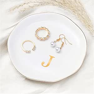 ProCase Ceramic Jewelry Tray, Initial Ring Dish Trinket Plate Engagement Gift, Small Personalized Monogram Ring Bowl for Wedding, White Decorative Jewelry Holder for Women Vanity -Letter J