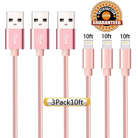 Suanna Lightning Cable, 3Pack 10FT Certified Nylon Braided Cord iPhone Cable Certified to USB Charging Cable for iPhone 7, 7 Plus, 6S, 6 , SE, 5S, 5, iPad Air/Mini, iPod Nano 7 - Pink