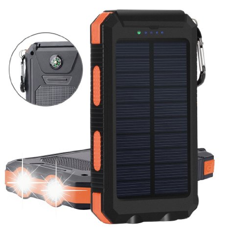 Solar Charger, 10000mAh Solar Power Bank Panels, Stoon External Battery Packs Charger Portable Rainproof Dual USB Phone Charger w/ Hook Compass LED flashlight for Emergency Camping-Orange