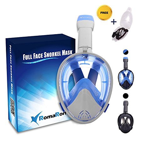 RomaRon 180° Full Face Snorkel Mask Double Breath Space with Extra Long Tube Panoramic View GoPro Compatible Mount Anti-Fog and Anti-Leak Technology To Adult & Youth   Earplugs