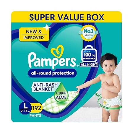 Pampers All round Protection Pants Style baby Diapers, Large (L) Size, 192 Count, Anti Rash Blanket, Lotion with Aloe Vera, 9-14kg Diapers