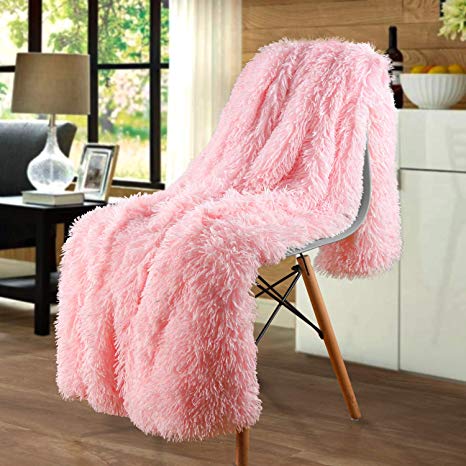 Merit Home Shag with Sherpa Reversible Warm Throw Blanket, Ultra Soft, Cozy Plush Luxury Fuzzy Longfur Blanket, Hypoallergenic and Washable Couch Bed Fluffy Furry Throws Photo Props, 60x80-Light Pink