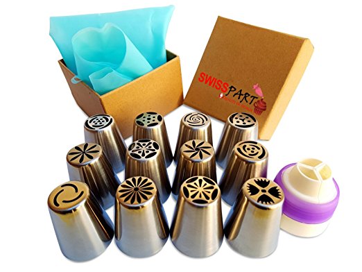 12pcs Stainless Steel Russian Cake Decorating Icing Tips Kit Extra Large Pastry Piping Nozzles and 18" Reusable Silicone Pastry Bag and Adjusted coupler Full Set