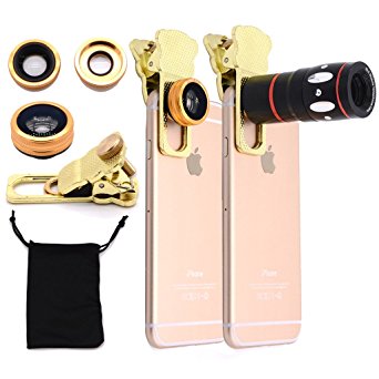 EtryBest(TM) 4 in 1 Universal Clip on Cell Phone Camera Lens Kit - 10X Optical Zoom Telescope Lens / Fish Eye Lens / 2 in 1 Macro Lens & Wide Angle Lens / Universal Clip with One Microfiber Carrying Bag for iPhone 6 Plus 5S 5C 4S, Samsung Galaxy S6 S5 S4, HTC and Other Smart Phones Tablets (Gold)