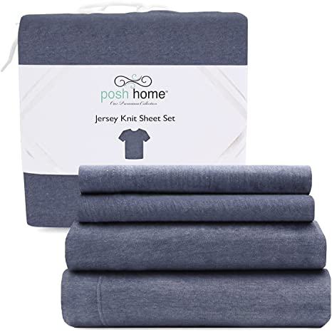 POSH HOME Jersey Knit Ultra Soft Cotton T-Shirt Comfortable Breathable Cooling Cozy All-Season Bed Queen Sheet Set (Navy)