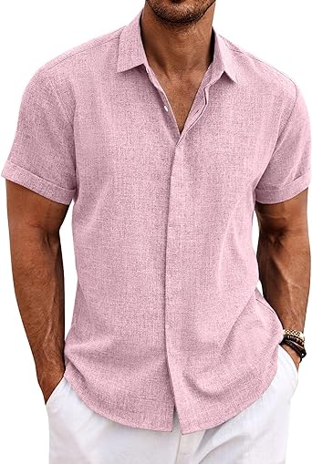 COOFANDY Men's Linen Shirts Short Sleeve Casual Shirts Button Down Shirt for Men Beach Summer Wedding Shirt