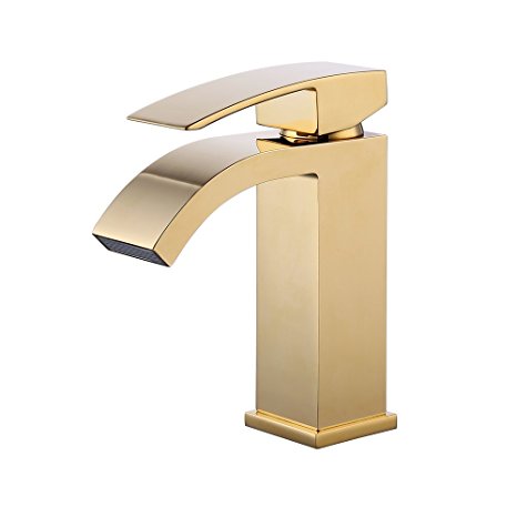 KES Lead-Free Waterfall Vanity Sink Faucet with Rectangular Spout for Lavatory Single Hole, Titanium Gold, L3109A1LF-4