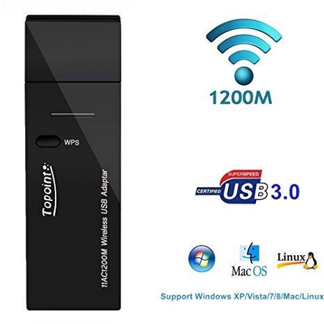 AC1200 Wireless USB3.0 WiFi Adapter Dual Band 5.8GHz/2.4GHz(867Mbps/300Mbps), Topoint Wireless Network Card Adaptor for Desktop PC Laptop Computer for Windows XP/7/8/10/Vista(32/64bits)/Mac OS/Linux