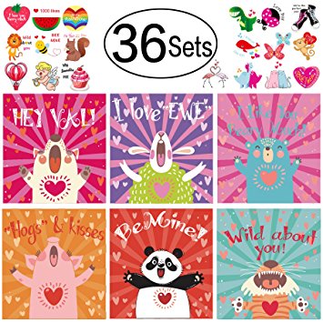 36 Sets Valentine Day Cards for Kids including 72pcs Tattoos, Envelopes for School Classmates