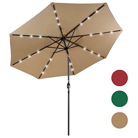 PHI VILLA 10 FT Solar Powered Patio Umbrella with USB Charger and Built-in Power Bank Push Button Tilt Adjustment and Crank System, Tan (Base Not Included)