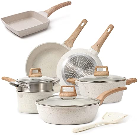 Carote Nonstick Granite Cookware Sets, 11 Pcs White Pots and Pans Set, Non Stick Stone Kitchen Cooking Set with Tamagoyaki Omelet Pan (White Granite, Induction Cookware)