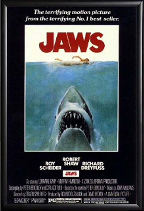 Framed Shark and Swimmer - Jaws 1975 Movie 24x36 Poster in Basic Black Detail Wood Frame