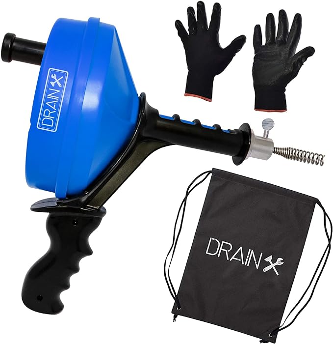 DrainX Pistol Grip Drum Auger | 35 ft Drain Snake 1/4" Dia Cleans Sinks, Showers and Tubs| Work Gloves and Storage Bag Included