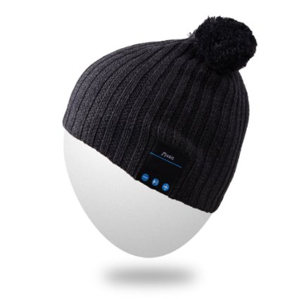Rotibox Premium Outdoor Wireless Bluetooth Beanie Hat Cap Pom Pom with Stereo Headphone Headset Earphone Speakers Mic Hands Free Speakerphone Musicphone for Iphone 6s, 6s Plus, Christmas Gifts - Black